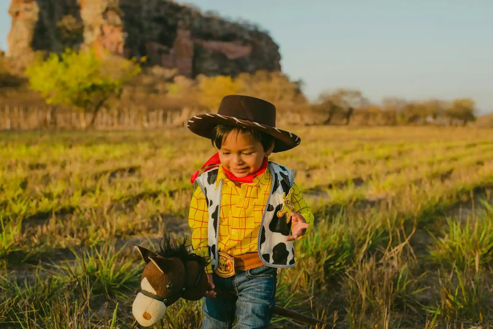 Jeune garçon en tenue de cowboy jouant avec un cheval-bâton dans un champ