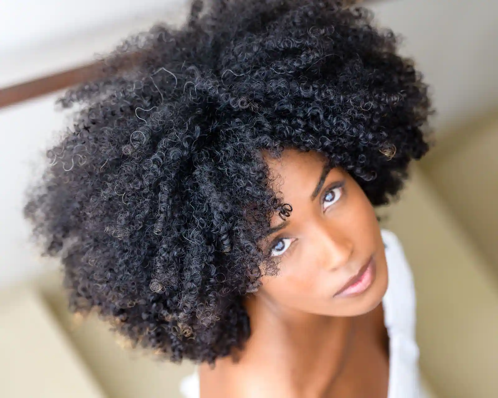 Femme aux cheveux très bouclés et denses, spirales serrées bien définies encadrant le visage